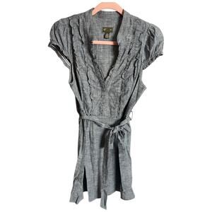 Fei Anthropologie blue chambray belted ruffle mini dress cap sleeves medium
